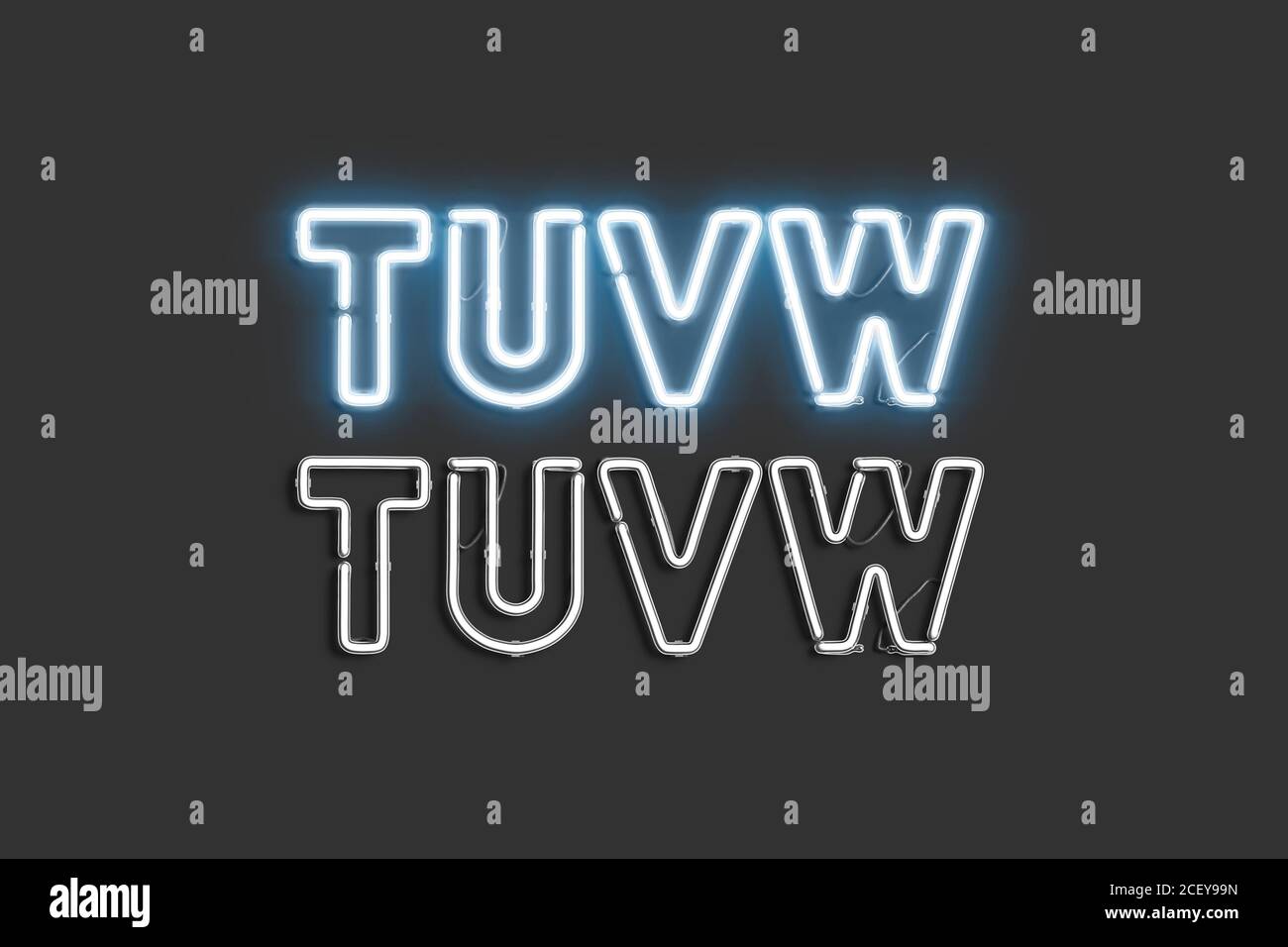 Lettere T U V W decorative, mock-up di font al neon Foto Stock