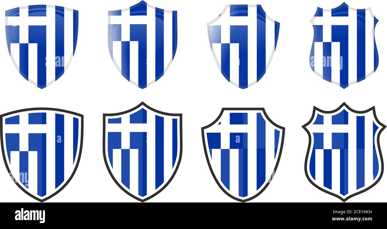 Bandiera Grecia verticale a forma di scudo, quattro versioni 3d e semplici. Icona / segno greco Illustrazione Vettoriale