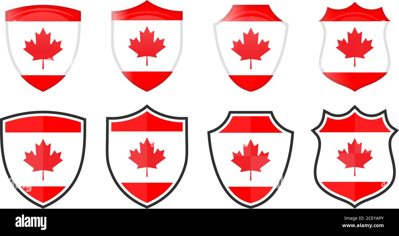 Bandiera verticale Canada a foglia d'acero a forma di scudo, quattro versioni 3d e semplici. Icona / segno canadese Illustrazione Vettoriale