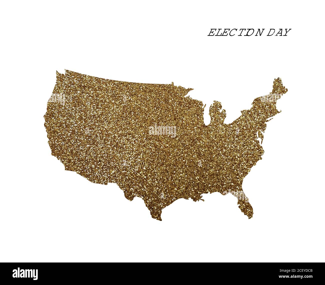 Mappa geografica degli Stati Uniti d'America con luccicante trama in oro. La forma scintillante dei confini americani con l'iscrizione Election Day. Illustrazione Vettoriale