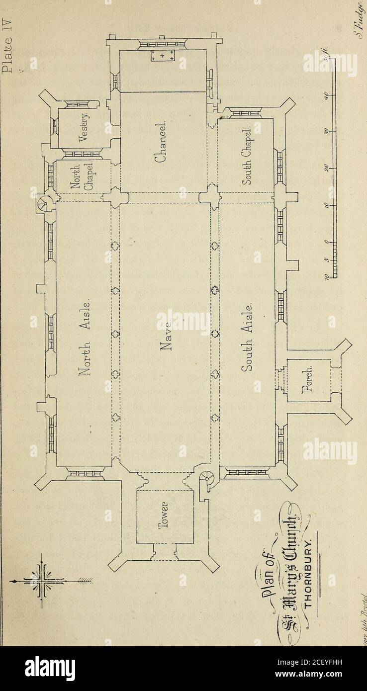 . Transazioni della Bristol e Gloucestershire Archaeological Society. t largo, con Vestry sul lato nord 14 feetby 11 piedi; Nord e Sud navate ciascuno 73 piedi di lunghezza da 15 feetwide; Cappelle Nord e Sud, ciascuna adiacente al coro, andeach aperto sia al coro che alla rispettiva navata; cappella di tenorsio lunga 13 metri e larga 15 metri; cappella sud lunga 21 metri e larga 16 metri; e Porch Sud 12 metri quadrati (vedi PI. IV.) La navata, di sei baie, è divisa dalle navate da alti moli andsnelli, solo 2 piedi di diametro, portando un clerestoryhaving alto sei finestre su ogni lato. Esso Foto Stock