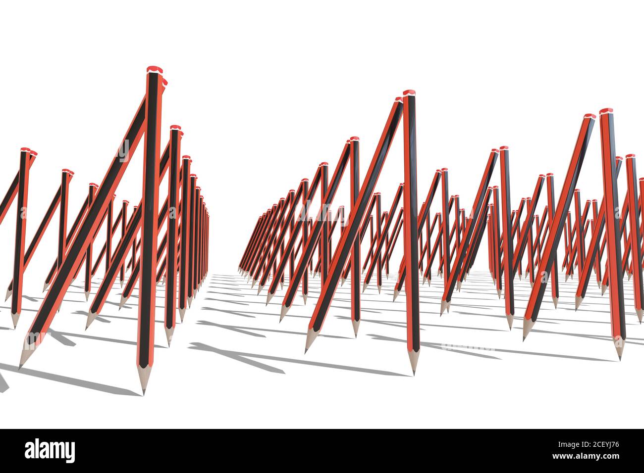 Matite di grafite rosse e nere che marciano come soldati isolati su sfondo bianco. Concetto di ritorno a scuola. illustrazione 3d. Foto Stock
