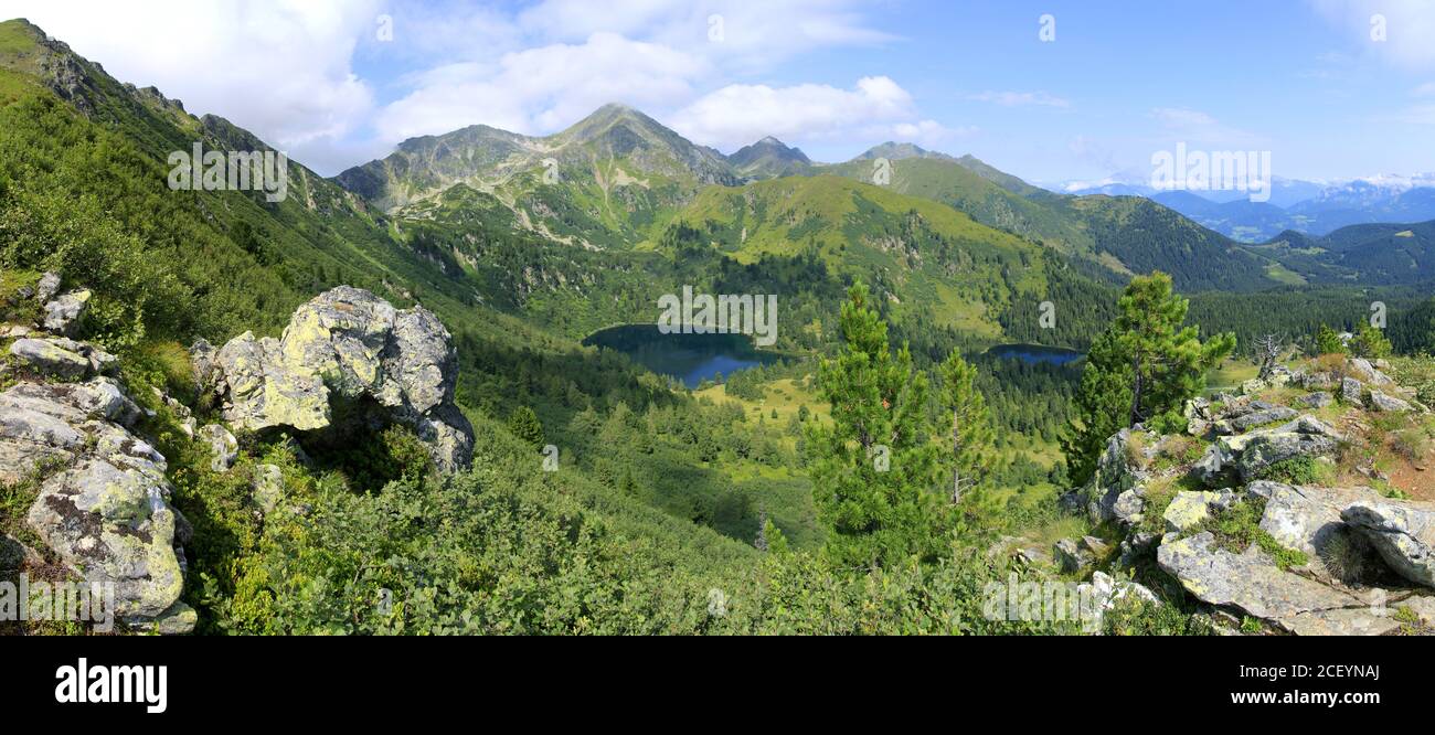Paesaggio del basso Tauern con il Monte Grosser Bosenstein e il lago Scheibelsee, Alpi, Stiria, Austria Foto Stock