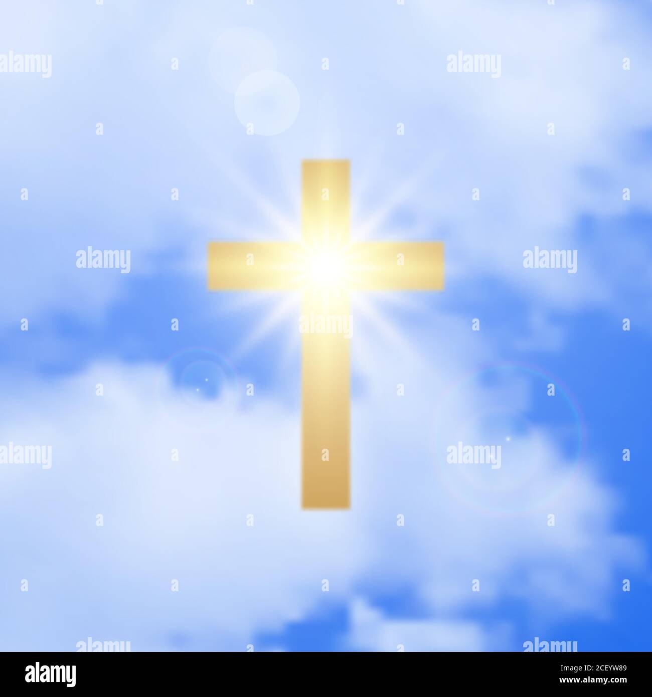 Croce Santa in heaven.A simbolo dorato incandescente di fede nelle nubi.Easter concept.elemento cristiano di disegno. Illustrazione vettoriale. Illustrazione Vettoriale