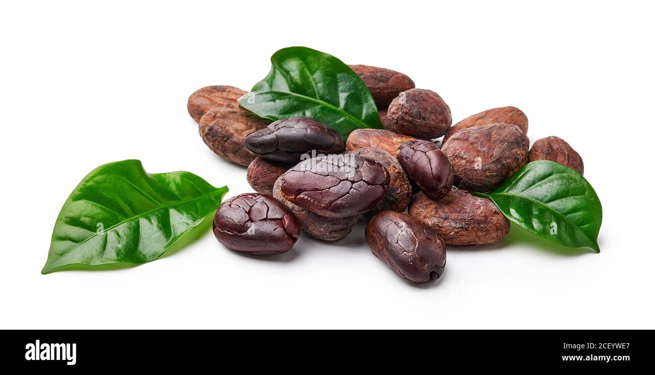 Semi di cacao con foglia di cacao isolata su bianco Foto Stock