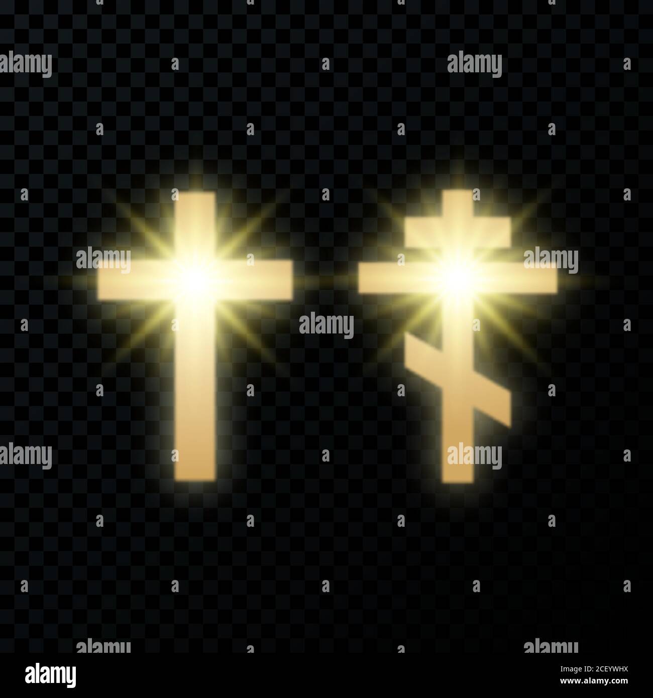 Santa Croce Cattolica e Ortodossa. Un luminoso simbolo d'oro della fede. Un insieme di caratteristiche di design su uno sfondo nero isolato. Illustrazione vettoriale. Illustrazione Vettoriale