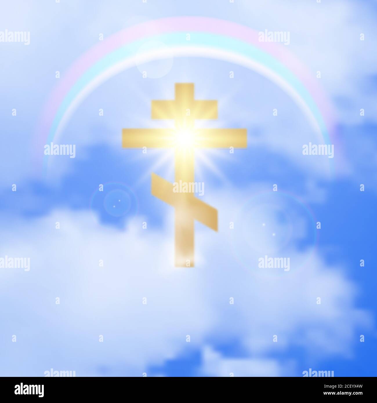 Croce Santa in heaven.Golden simbolo incandescente di fede nelle nuvole con iridow.Easter concept.Christian elemento di design. Illustrazione vettoriale. Illustrazione Vettoriale