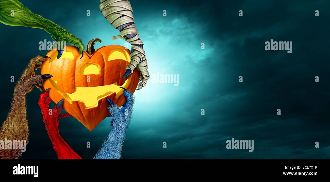Halloween Spooky Halloween mani mostro tenendo un cuore di zucca come uno zombie una mannetta o mummia e creepy mano diavolo rosso afferrare un jack o lanterna. Foto Stock