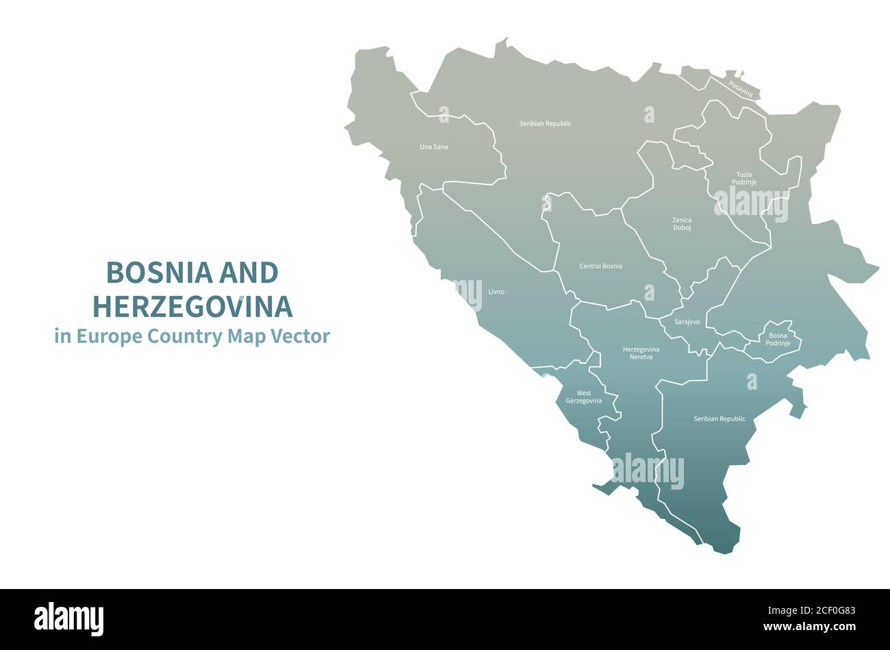 Mappa vettoriale di Bosina ed Erzegovina. Mappa dei Paesi europei Serie Verde. Illustrazione Vettoriale