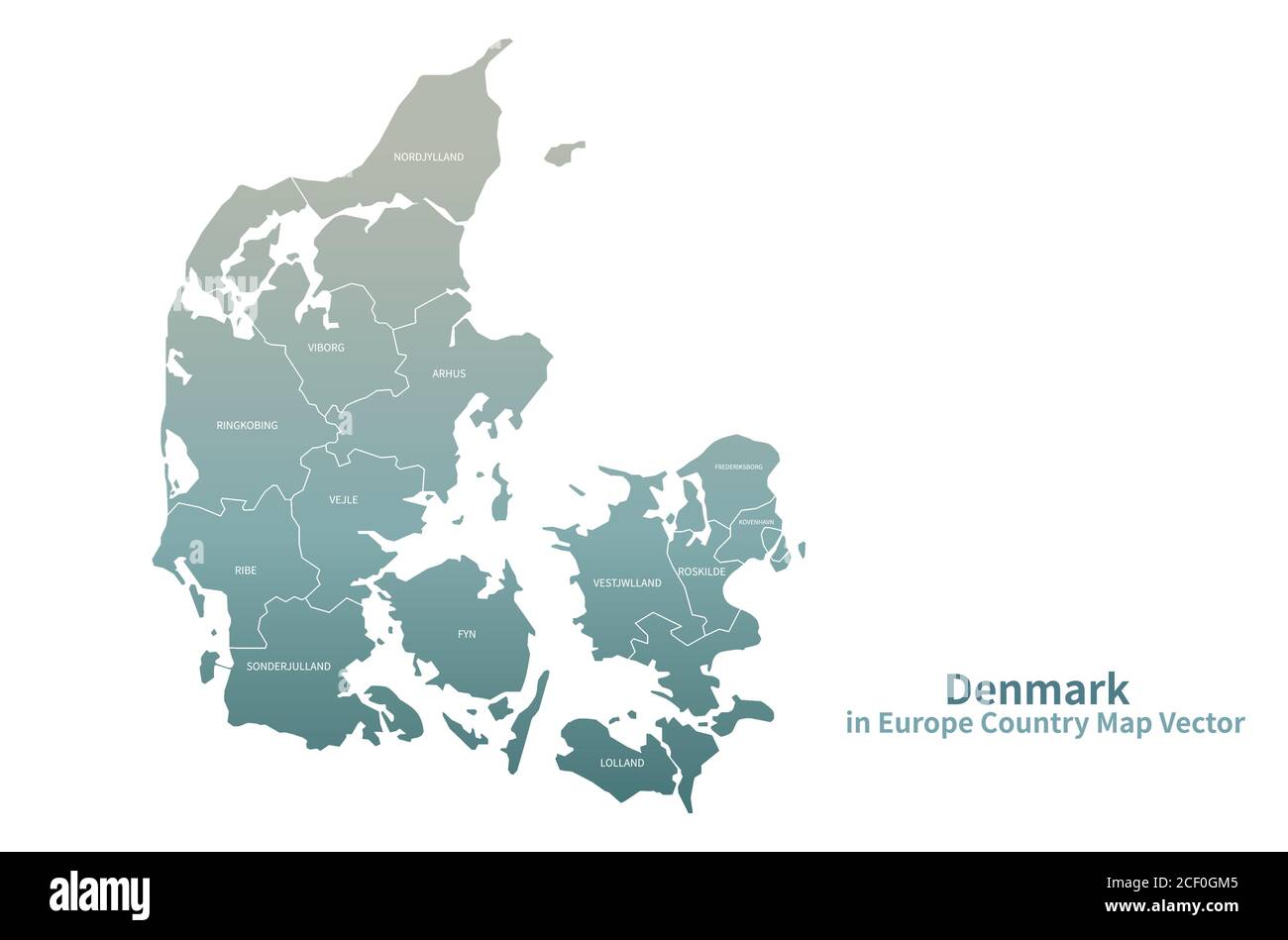 Mappa vettoriale Danimarca. Mappa dei Paesi europei Serie Verde. Illustrazione Vettoriale