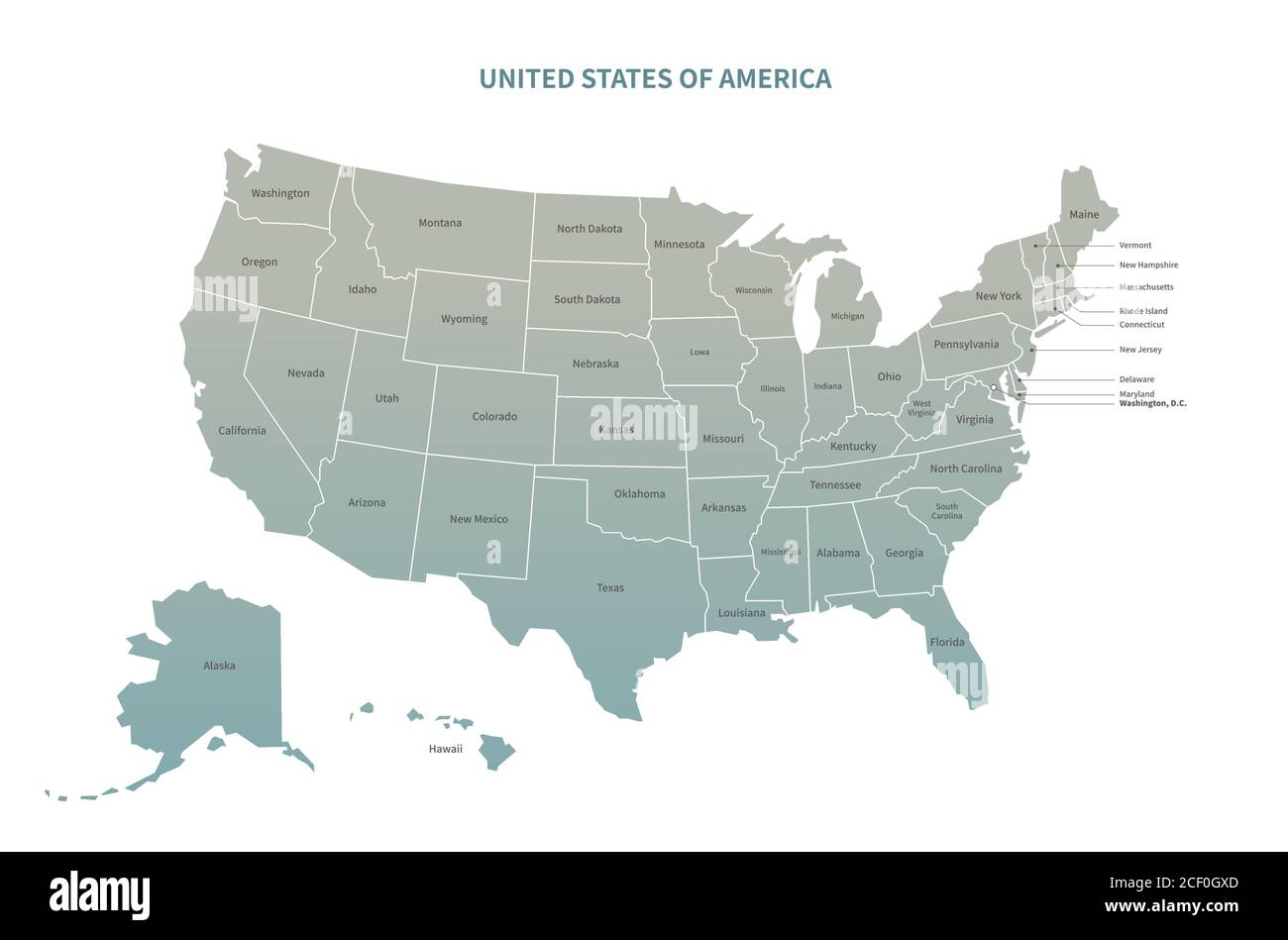 Mappa vettoriale degli Stati Uniti. Mappa dei Paesi del Nord America Serie Verde. Illustrazione Vettoriale