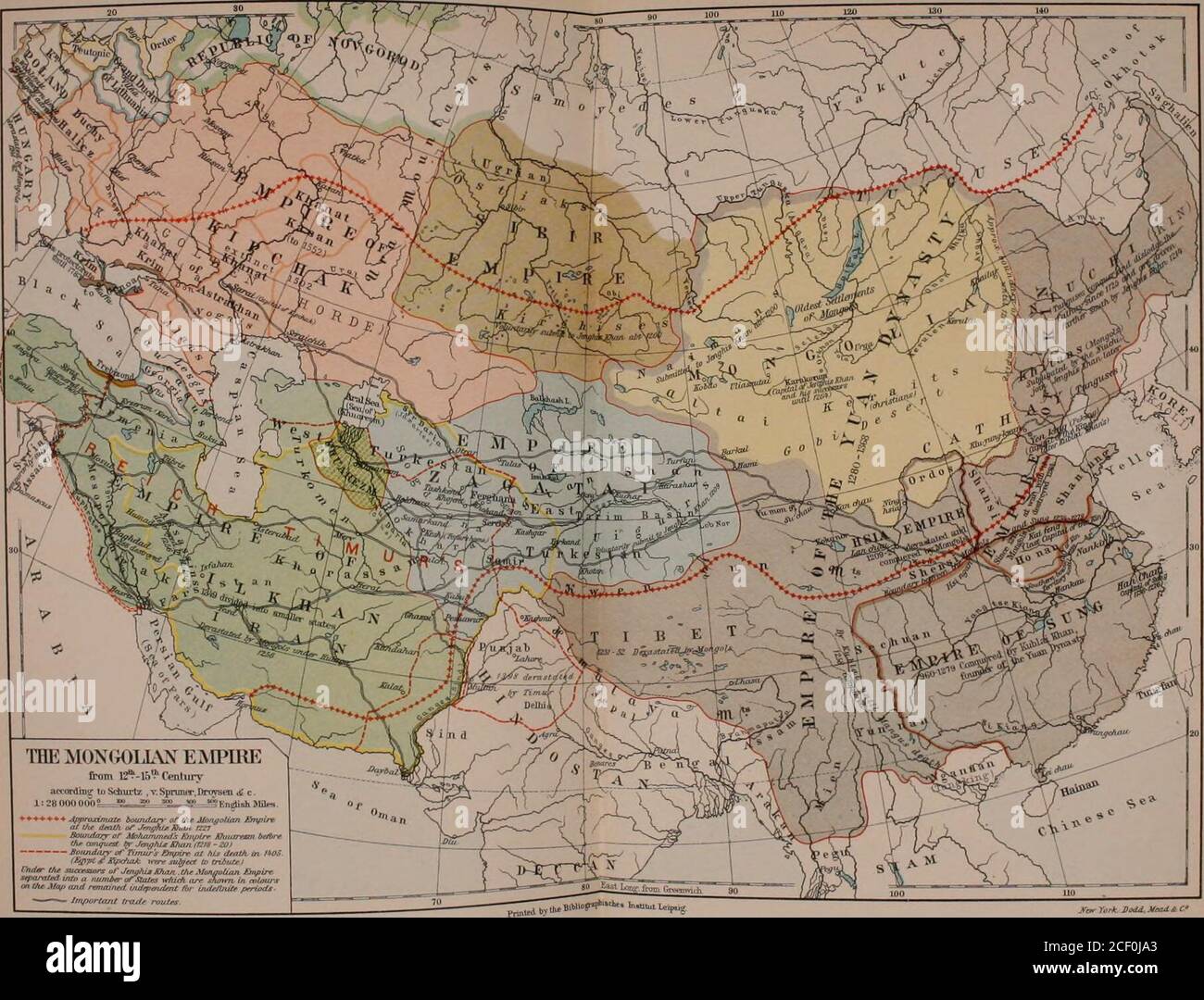. La storia del mondo; un'indagine del record di un uomo. Uddhism, ma ha mostrato altrimenti quella tolleranza indifferente delle variousculti che è dappertutto caratteristica dei mongoli. Keligious zelo, la scusa per tante crudeltà, non ha mai spinto i massacri perpetrati da Mongols. B. l'Impero mongolo fino alla sua partizione i grandi nobili dell'Impero mongolo si incontrarono in solenne deliberazione nel 1227 sulle rive del fiume Kerulen (Kirylun) nel nord stepi)e. Gengis Khanby la sua volontà aveva nominato suo successore il suo terzo figlio Ogdai (Ogotai Khan; inChinese, WO kuo tai, o Tai Tsimg) Foto Stock
