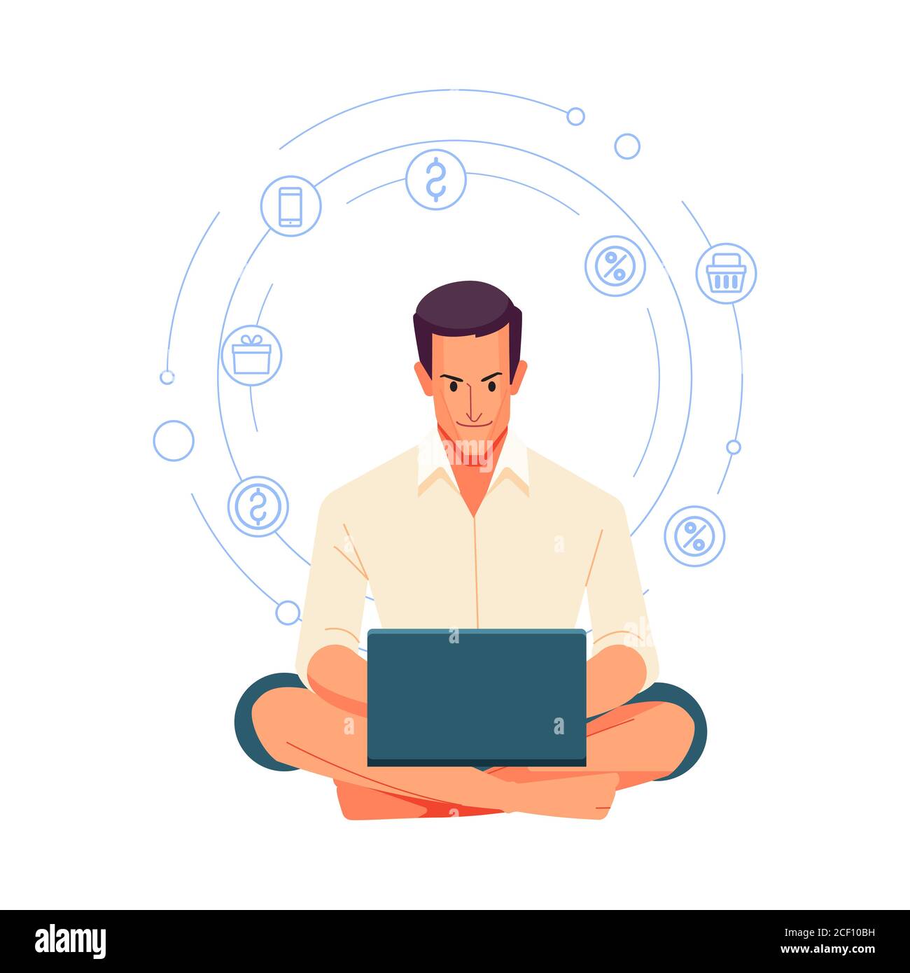 Lavorare a casa. Persone a casa in quarantena. Uomo sorridente che usa il computer portatile a casa in salotto. Felice uomo d'affari maturo inviare e-mail e lavorare a. Illustrazione Vettoriale