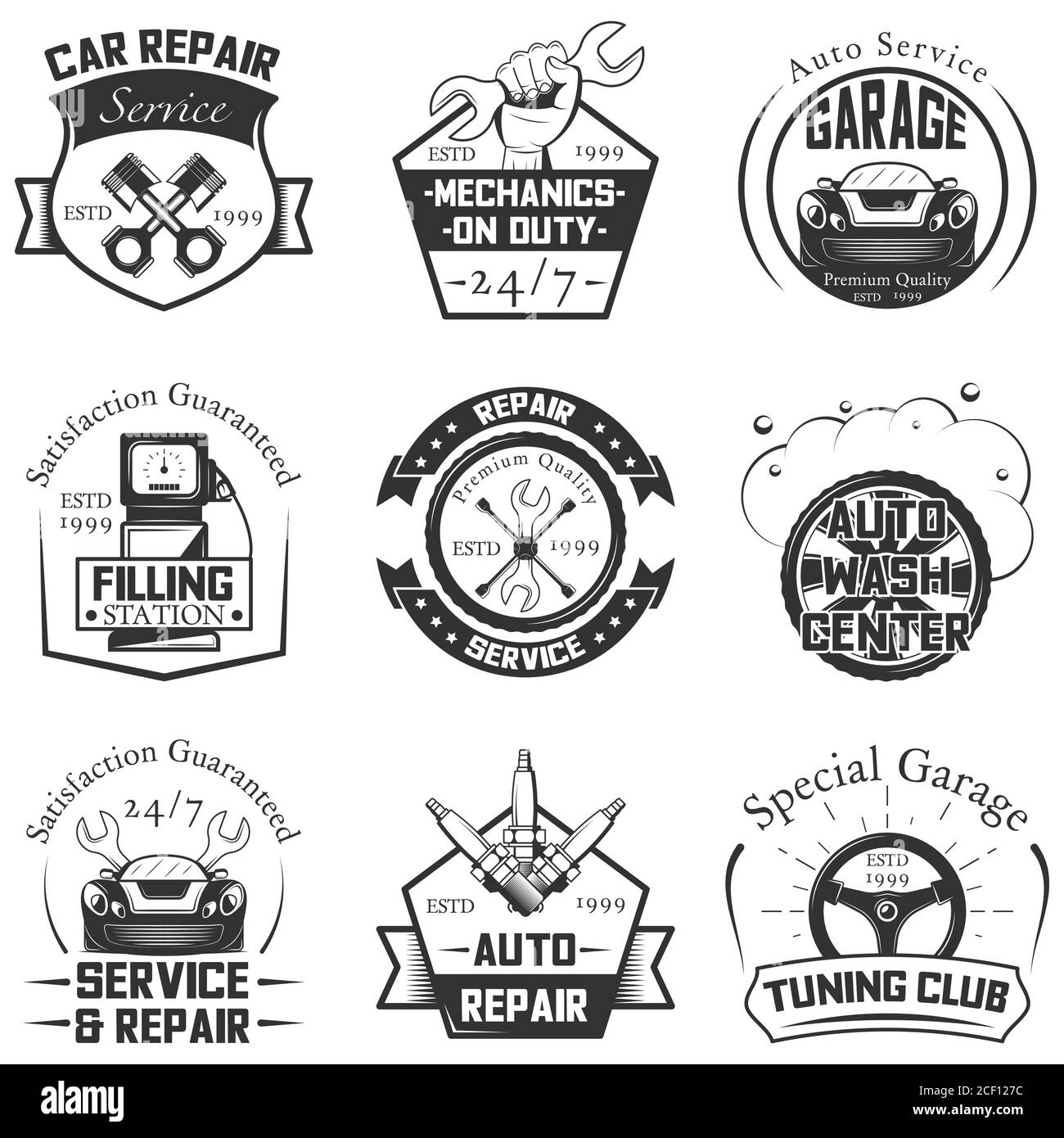 Logo del servizio auto, etichette vettoriali vintage, badge e set di icone Illustrazione Vettoriale
