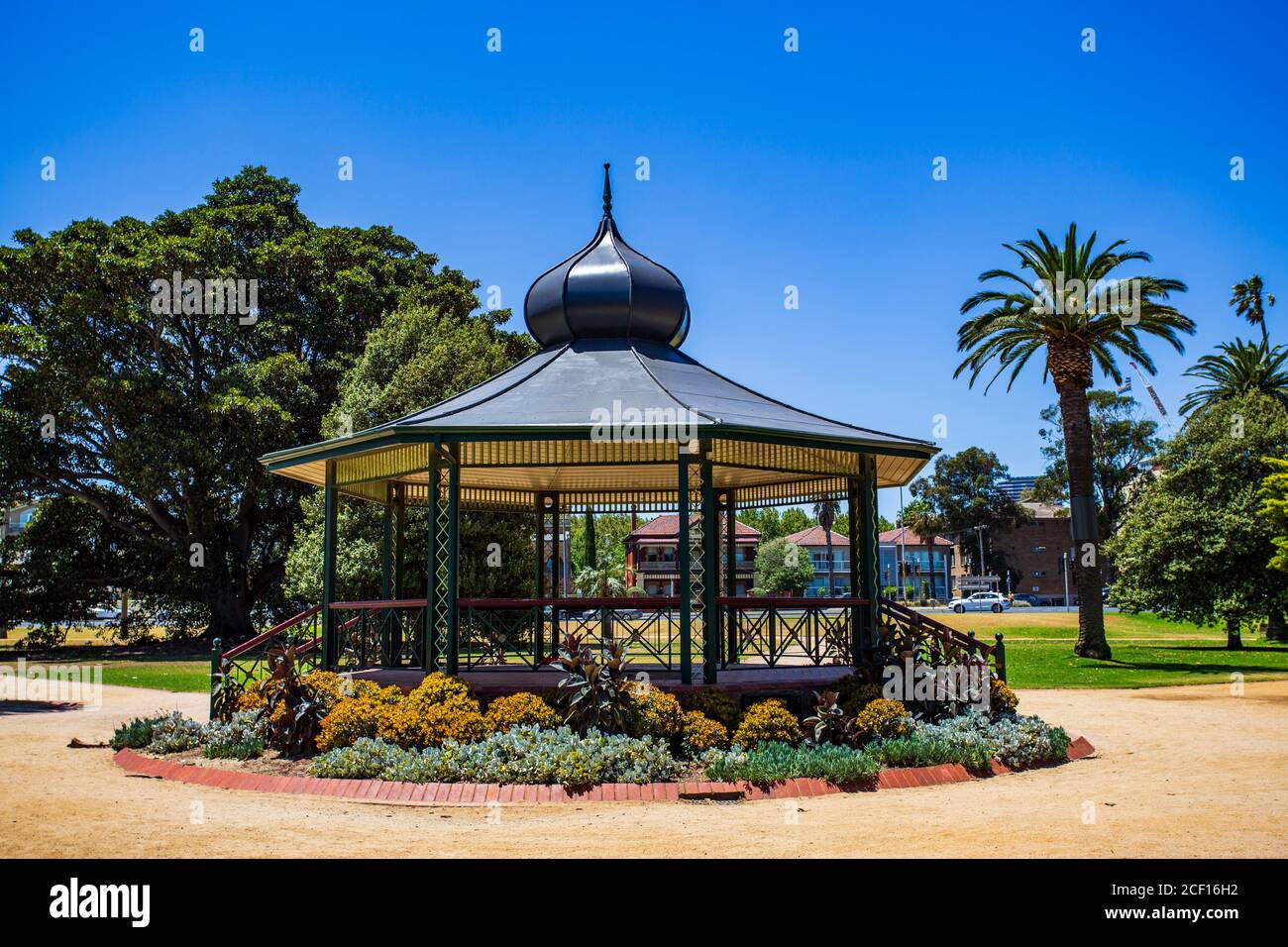 Vista del chiosco dei Catani Gardens, St Kilda, Melbourne, Australia Foto Stock