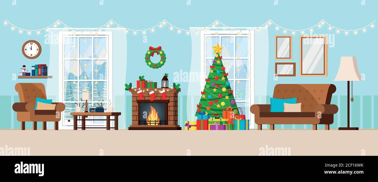 Accogliente ambiente interno del soggiorno decorato a natale. Illustrazione Vettoriale