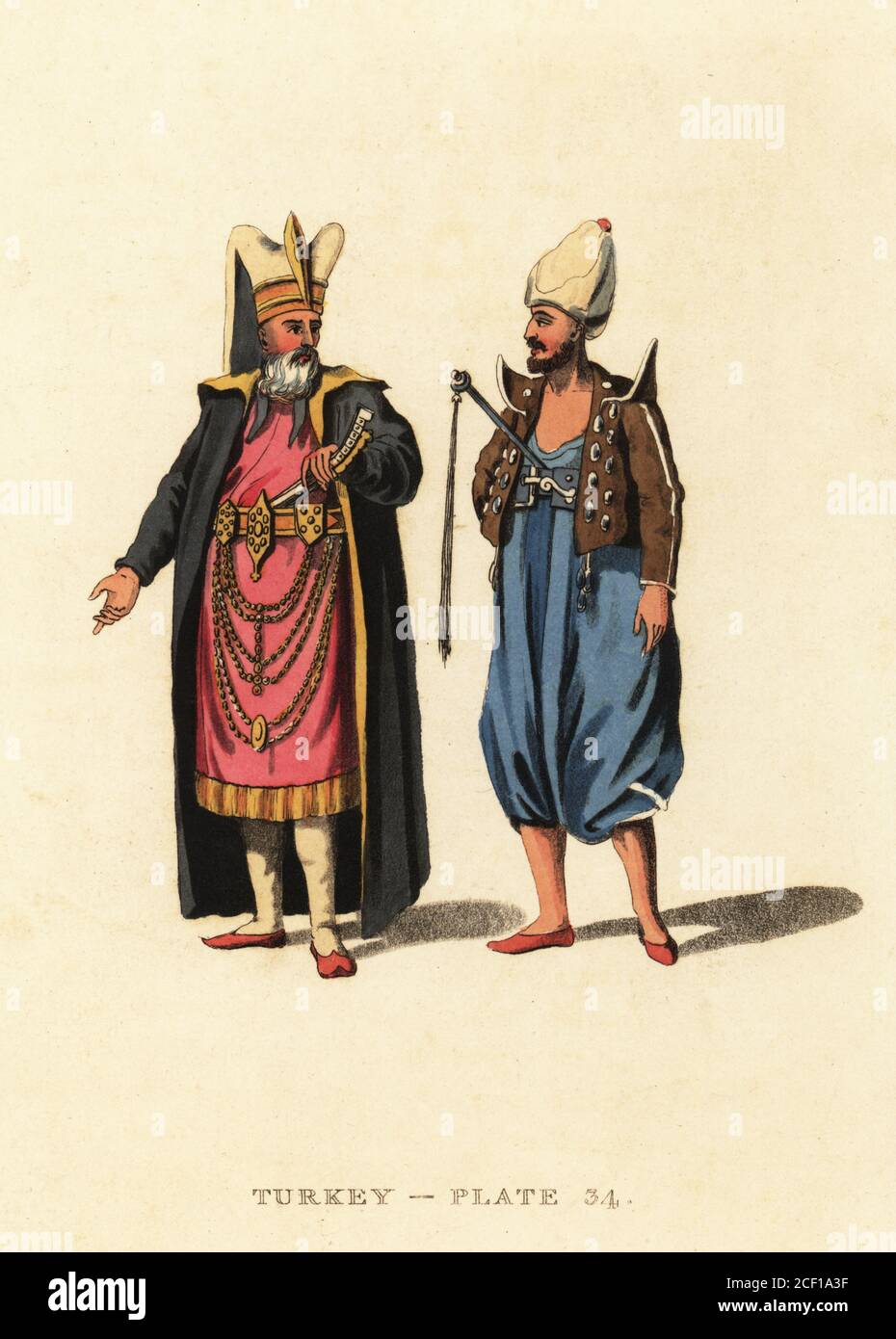 Due Janissaries o fanteria ottomana in abito cerimoniale. Si indossa un cappello in feltro con una lunga coda quadrata, un mantello e una tunica con due pugnali nella sua cintura d'oro. L'altro ha un cappello in feltro, giacca con epaulette, pantaloni sciolti e porta una frusta. Incisione a mano su copperplate dopo Octavian Dalvimart dalla traduzione di William Alexander delle pittoresche Rappresentanze del vestito e dei manieri dei Turchi, Thomas M’Lean, Londra, 1814. Foto Stock