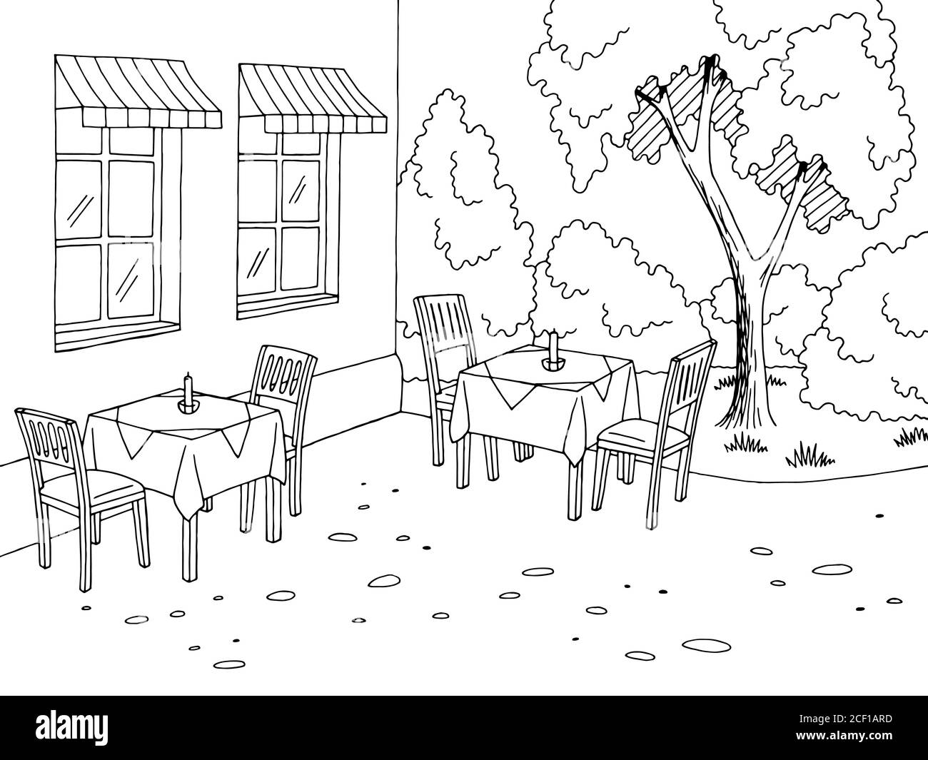Street cafe grafico bianco nero illustrazione schizzo vettore Illustrazione Vettoriale