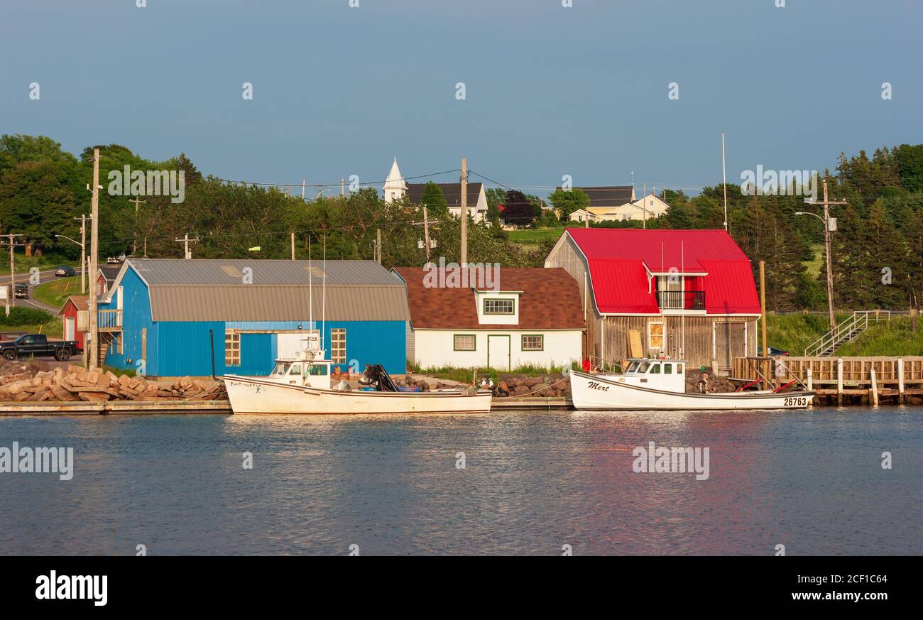 Piccolo porto di pescatori con barche ormeggiate al molo. Stanley Bridge Harbour, Prince Edward Island, Canada Foto Stock