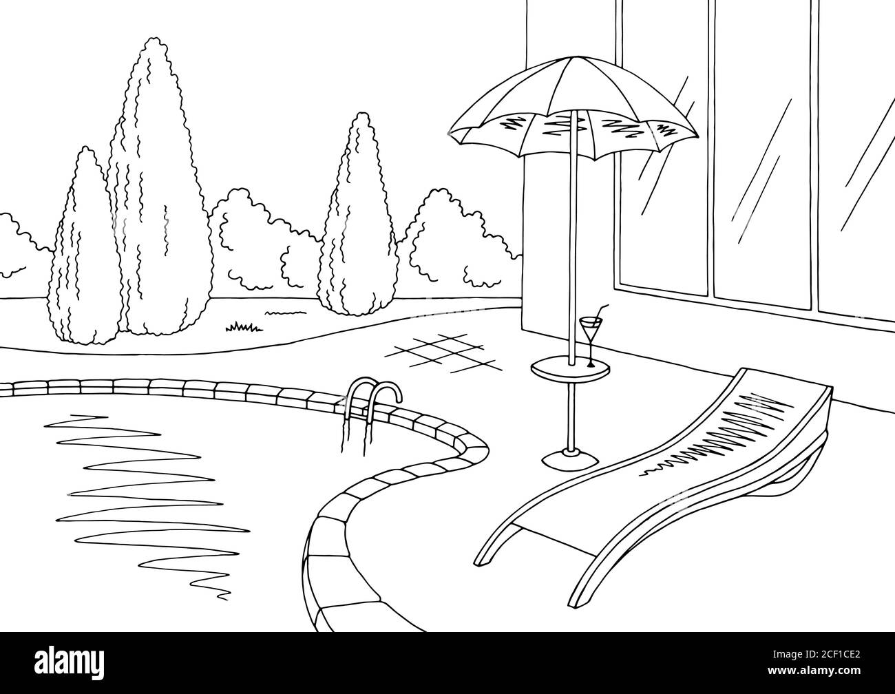 Grafica piscina bianco nero disegno grafico paesaggio vettore illustrazione Illustrazione Vettoriale