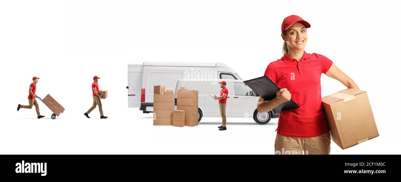 Società di logistica con una scatola di presa del lavoratore femminile e altro dipendenti che caricano furgoni isolati su sfondo bianco Foto Stock