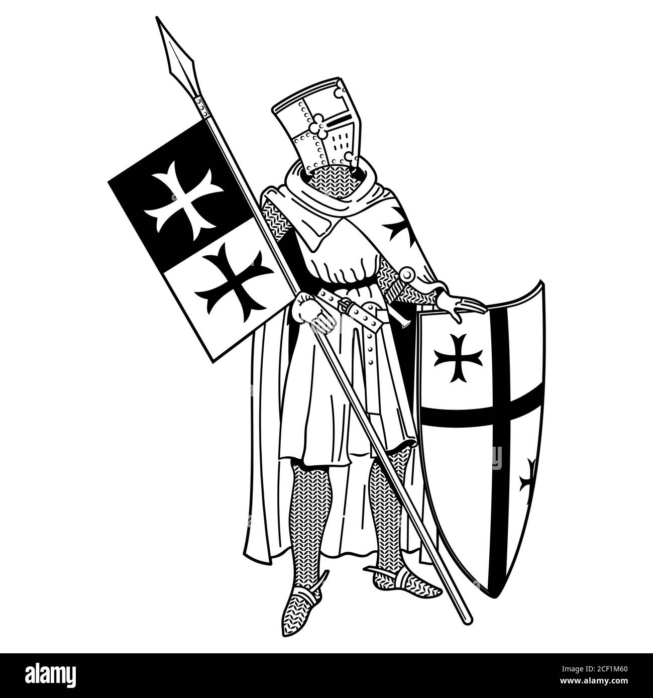Design accattivante. Cavaliere Templari in armatura con lancia, scudo, bandiera e sigillo cavaliere medievale Illustrazione Vettoriale