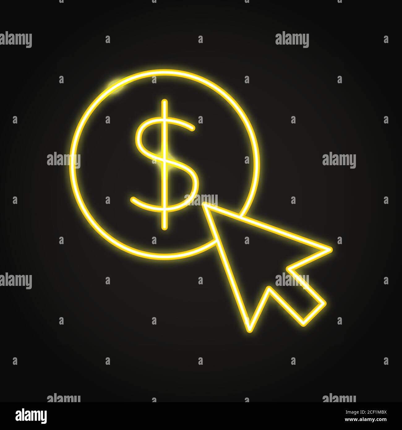 Icona pay per click in stile neon line. Moneta con simbolo del dollaro e simboli del cursore del mouse. Illustrazione vettoriale. Illustrazione Vettoriale