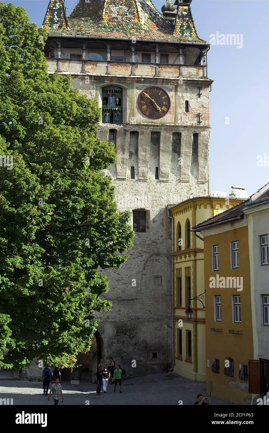 Sighișoara Romania, Stundturm, la torre dell'orologio, wieża zegarowa. Foto Stock