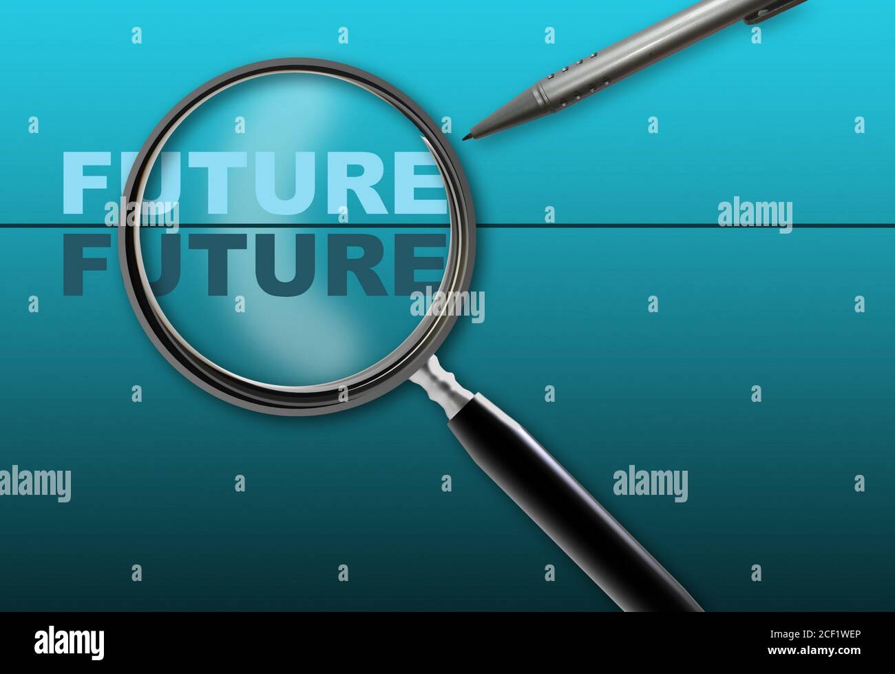 word future - futuro e lente di ingrandimento con matita realizzata in  software 2d su sfondo gradiente Foto stock - Alamy
