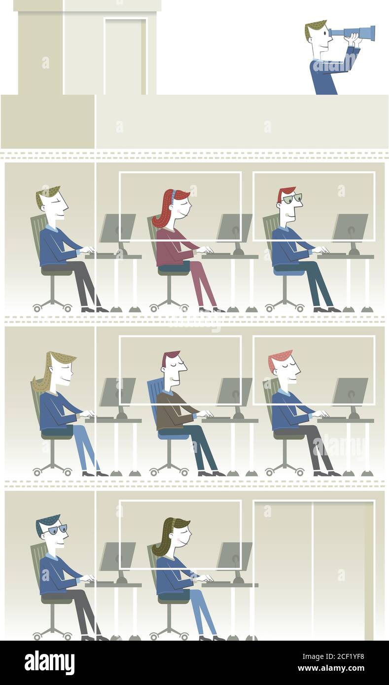 Illustrazione in stile retrò di un edificio per uffici. All'interno ci sono diverse persone che lavorano sui loro computer. Sul tetto dell'edificio, un uomo guarda t Illustrazione Vettoriale
