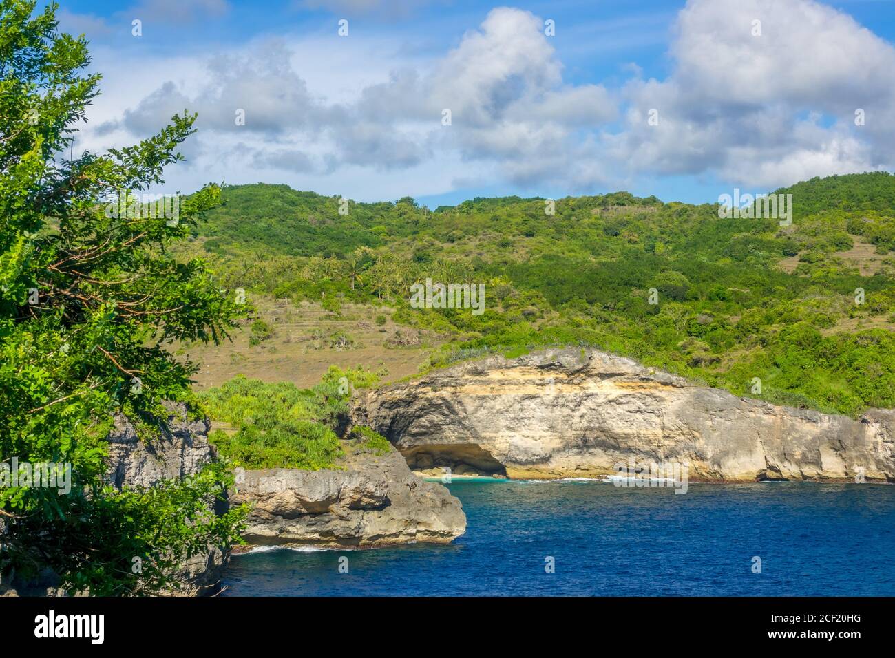 Costa tropicale rocciosa in giornata di sole. Nuvole nel cielo blu. Palme e vegetazione verde. Foto Stock