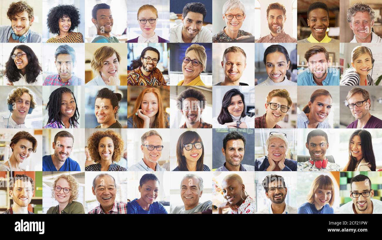 Ritratto sorridente comunità diverse videoconferenze sullo schermo Foto Stock