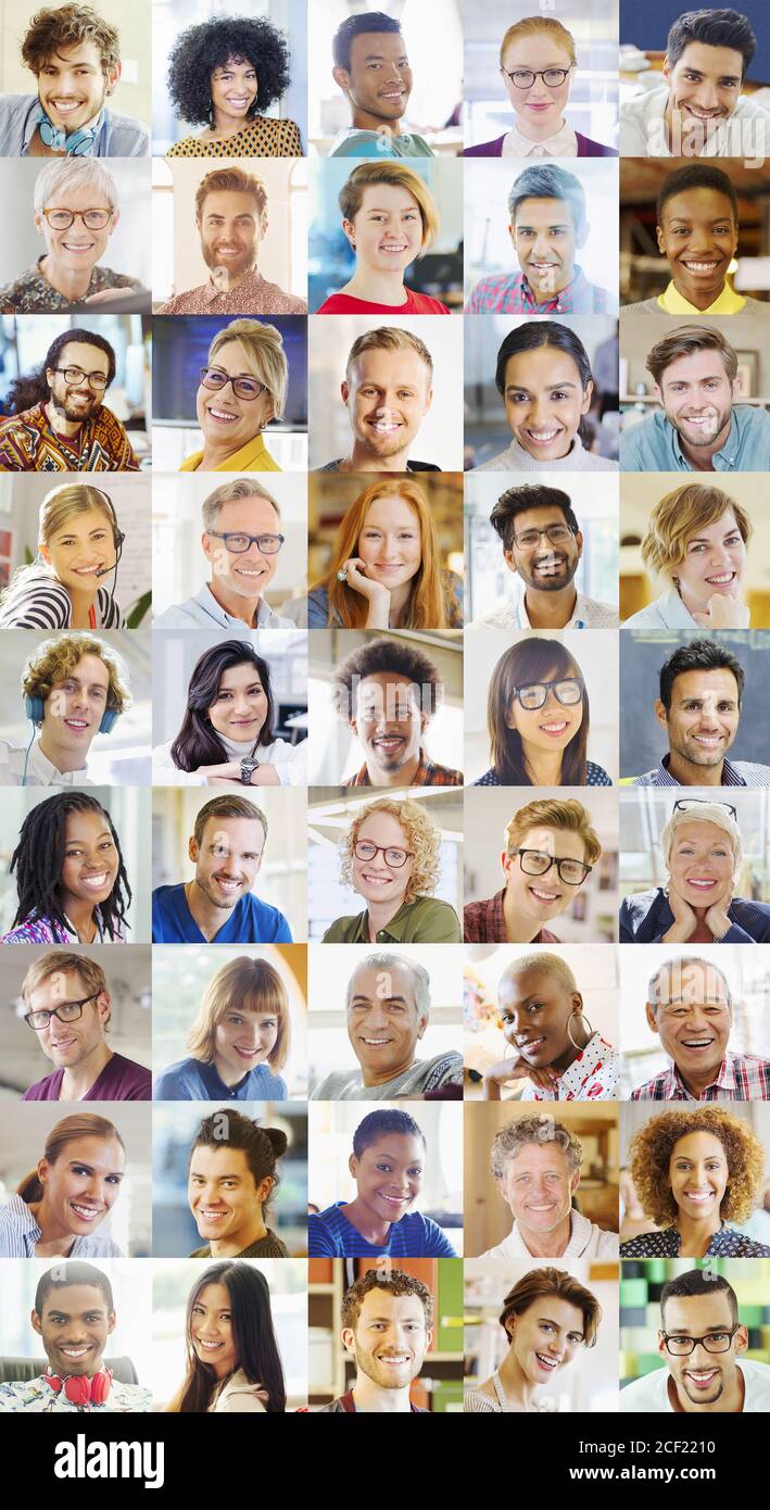 Ritratto sorridente comunità diverse videoconferenze sullo schermo Foto Stock