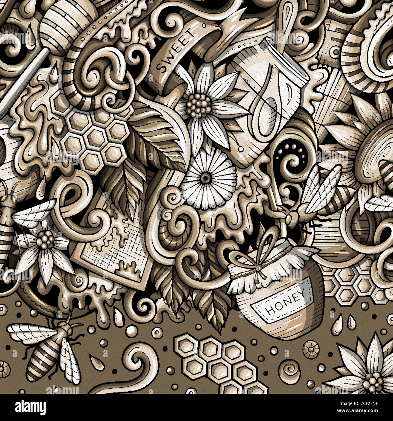 Cartoon carino doodles disegnati a mano Honey cornice design Illustrazione Vettoriale