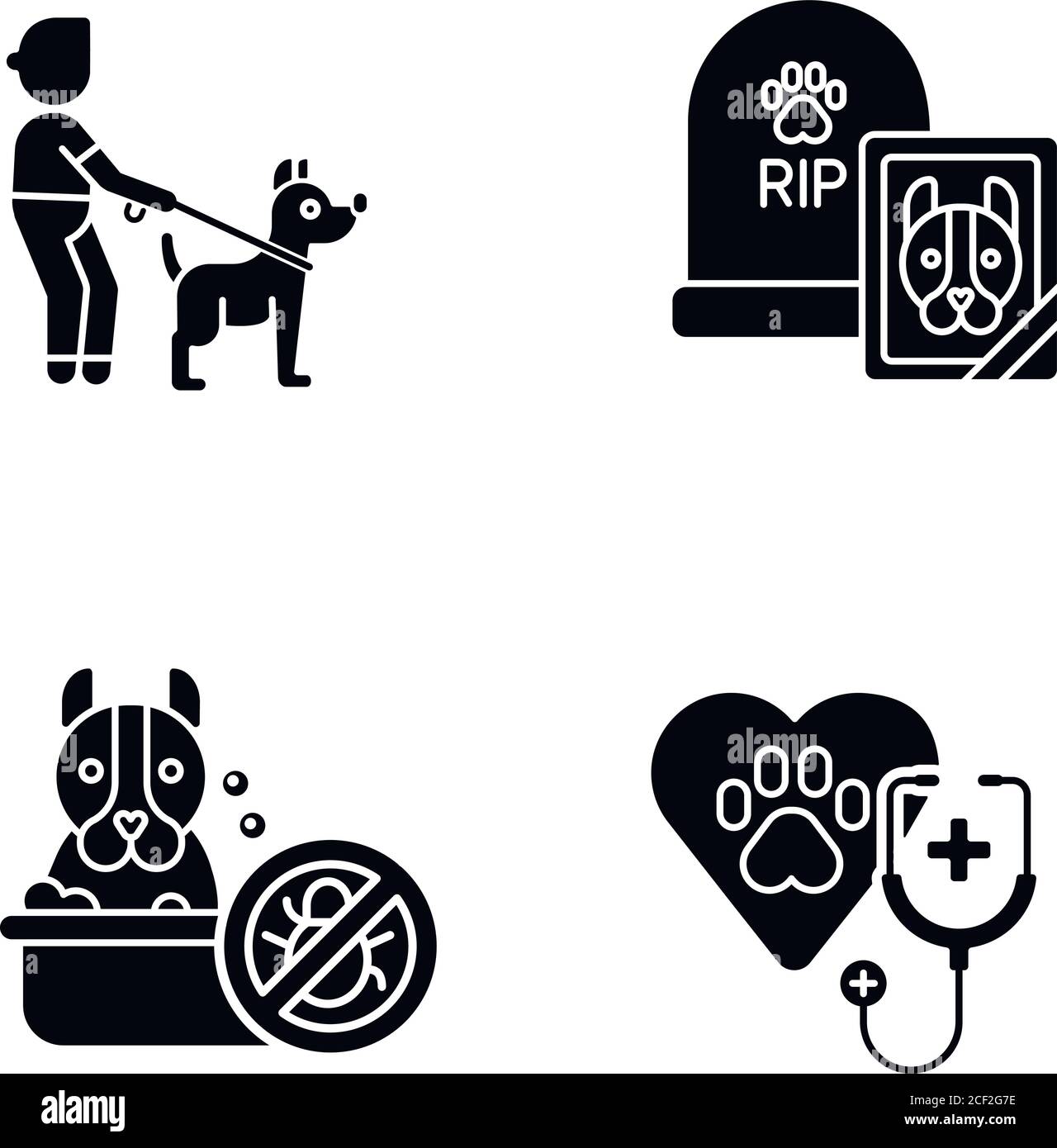 Icone glifo nere dei servizi di trattamento PET impostate su uno spazio bianco. Cane a piedi, lavaggio animali, esame veterinario professionale e servizio funerario silh Illustrazione Vettoriale
