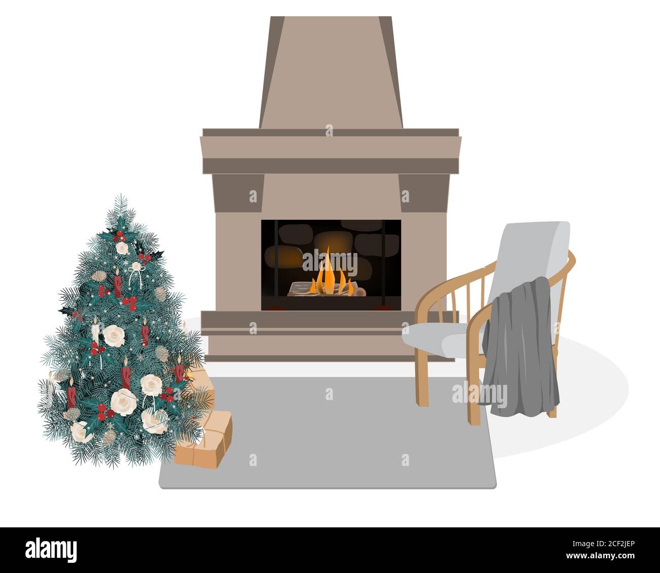 Interni scandinavi graziosi e accoglienti, illustrazione vettoriale dell'igge invernale. Camino, albero di Natale decorato, sedia, e coperta. Cartoni animati piatti Illustrazione Vettoriale