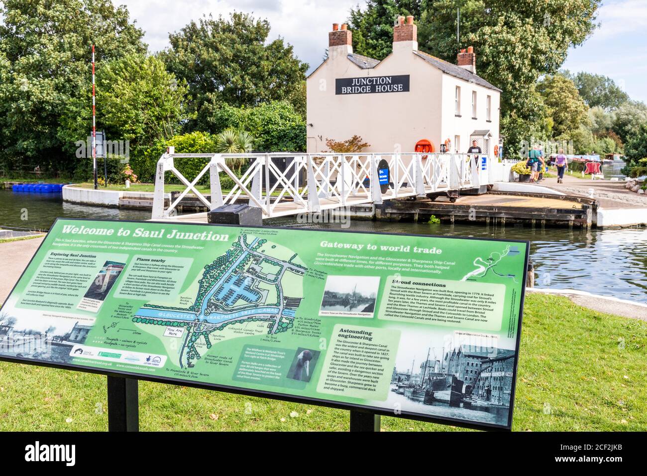 Pannello interpretativo a Saul Junction, il punto di attraversamento del Gloucester e Sharpness Canal con lo Stroudwater Canal a Saul, Gloucestershire UK Foto Stock