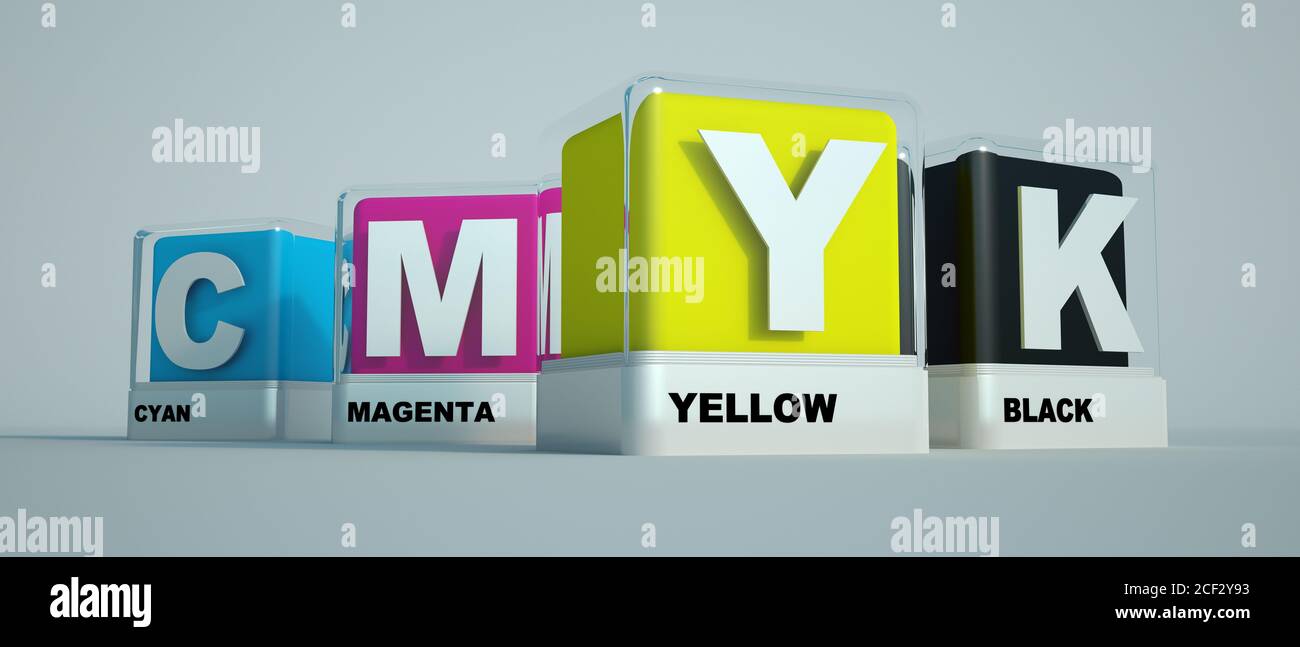Rendering 3D dei colori di stampa ciano, magenta, giallo e nero Foto Stock