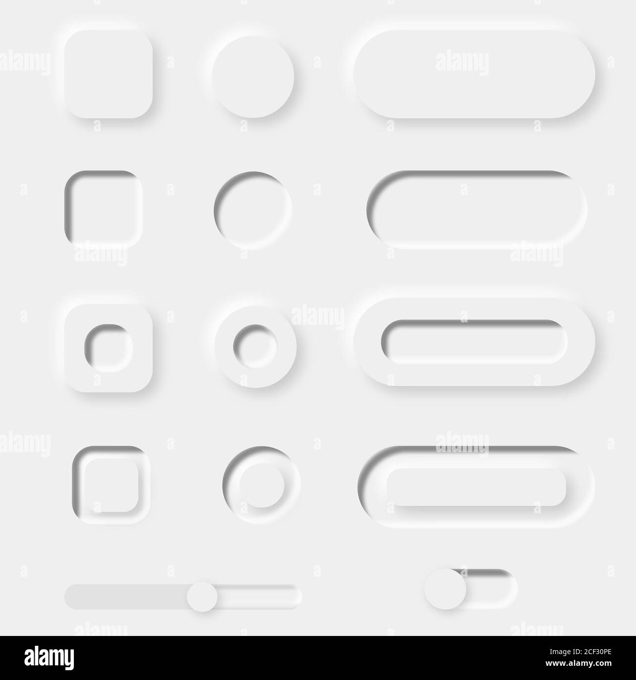 Set di pulsanti 3D bianchi. Stile di design neomorfismo. Pulsanti dell'applicazione e del sito Web. Pulsanti 3D. Foto Stock
