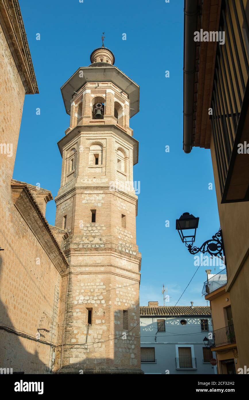 Chiesa Campanile città di Xaló, Valle Jalon, Valencia, Spagna Foto Stock