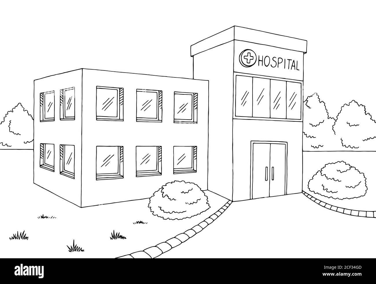 Grafico di costruzione dell'ospedale grafico di schizzo bianco nero che mostra il vettore Illustrazione Vettoriale