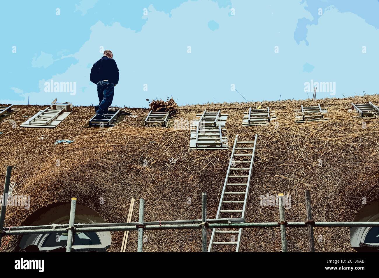 Foto illustrazione UNA casa sulla Peak Hill Road a Sidmouth ama lavorare per migliorare il suo tetto di paglia. Un'abilità tradizionale che aggiunge bellezza all'ambiente Foto Stock