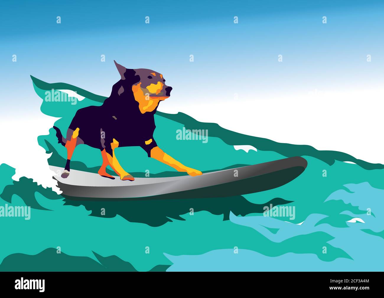 Illustrazione vettoriale. Il cane surfer cattura un'onda con il mare e il cielo sul backgraund Illustrazione Vettoriale