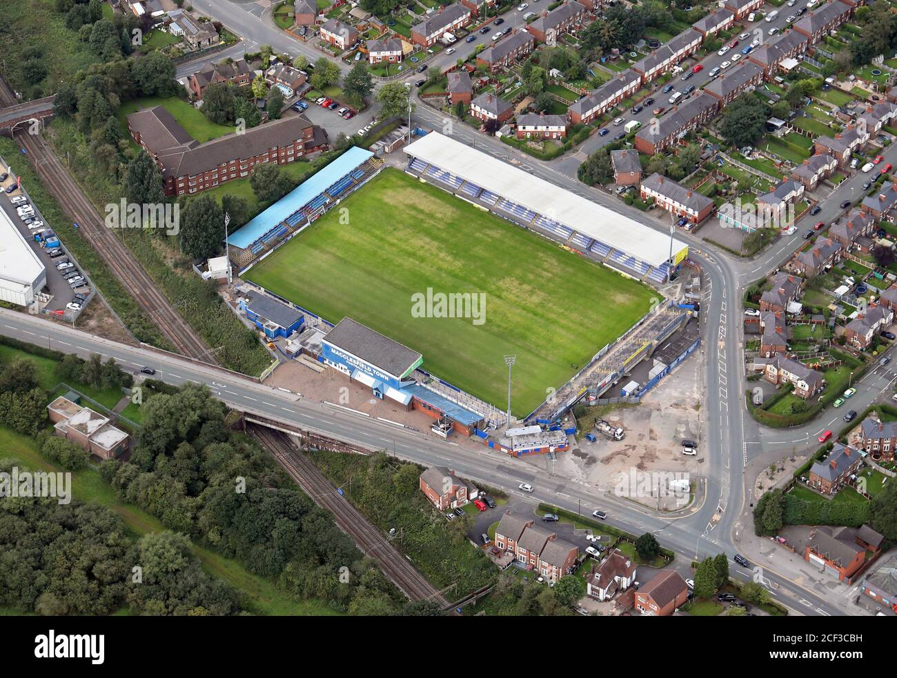Veduta aerea del Macclesfield Town FC, lo stadio Leasing.com (ex Moss Rose) Foto Stock