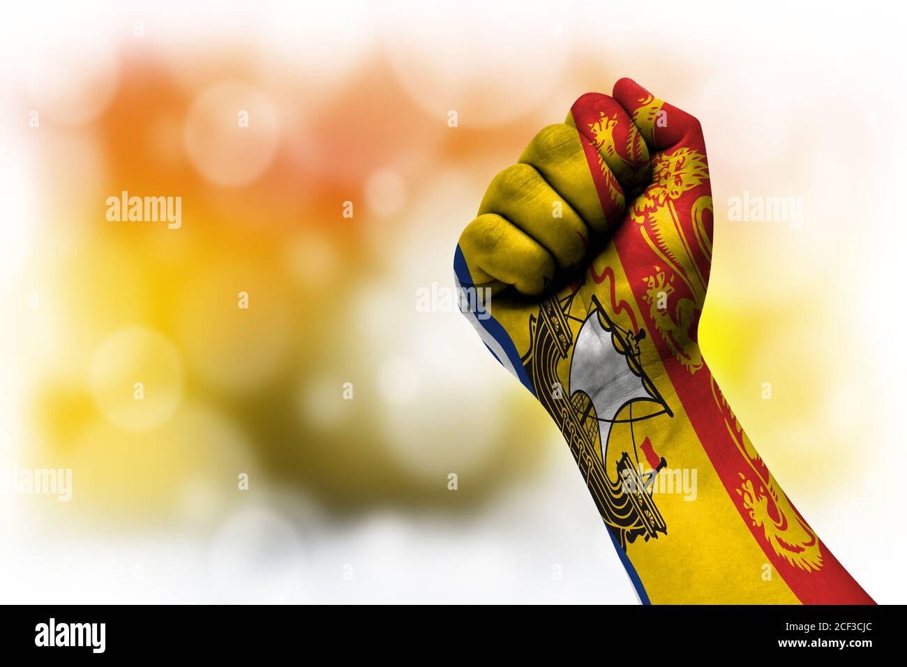 Bandiera del New Brunswick dipinta su pugno maschile, forza, potere, concetto di conflitto. Su uno sfondo sfocato. Foto Stock