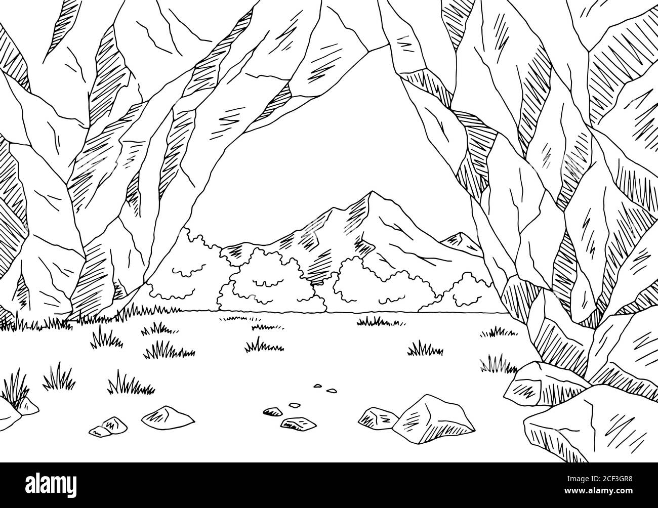 Grafico Cave grafico bianco nero illustrazione dello schizzo del paesaggio vettore Illustrazione Vettoriale