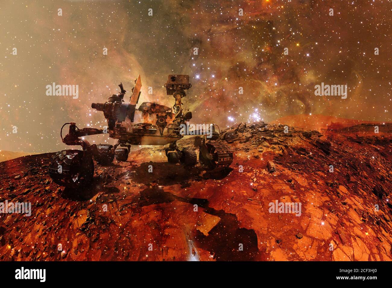 Curiosità rover esplorare la superficie di Marte. Carta da parati fantascientifica. Elementi di questa immagine forniti dalla NASA. Foto Stock