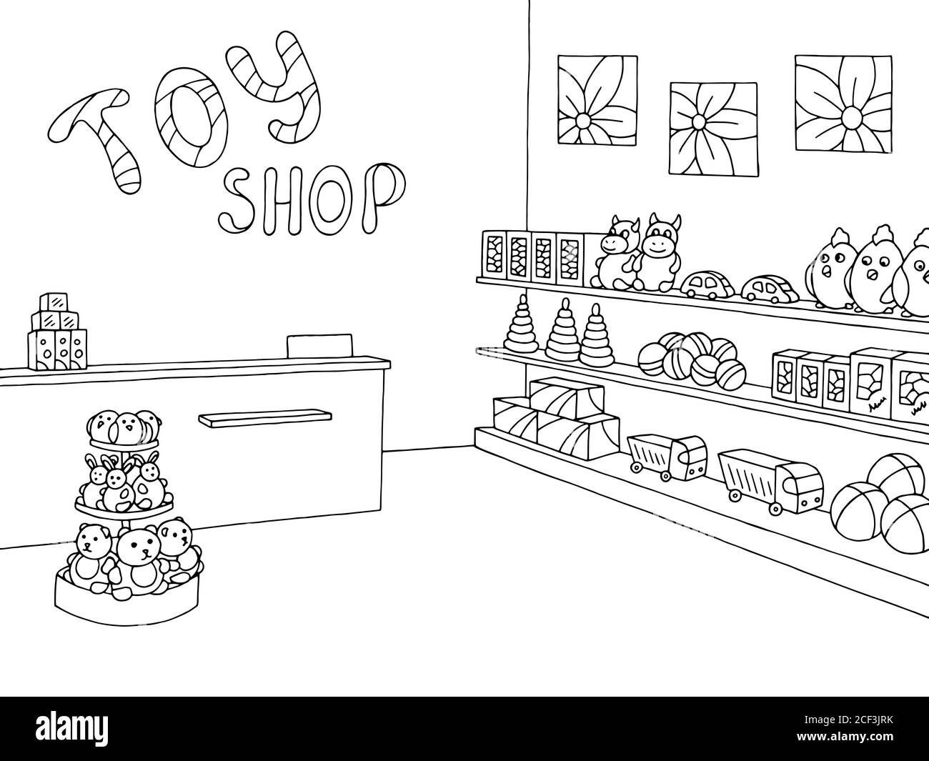 Grafico negozio di giocattoli nero bianco disegno interno vettore illustrazione Illustrazione Vettoriale