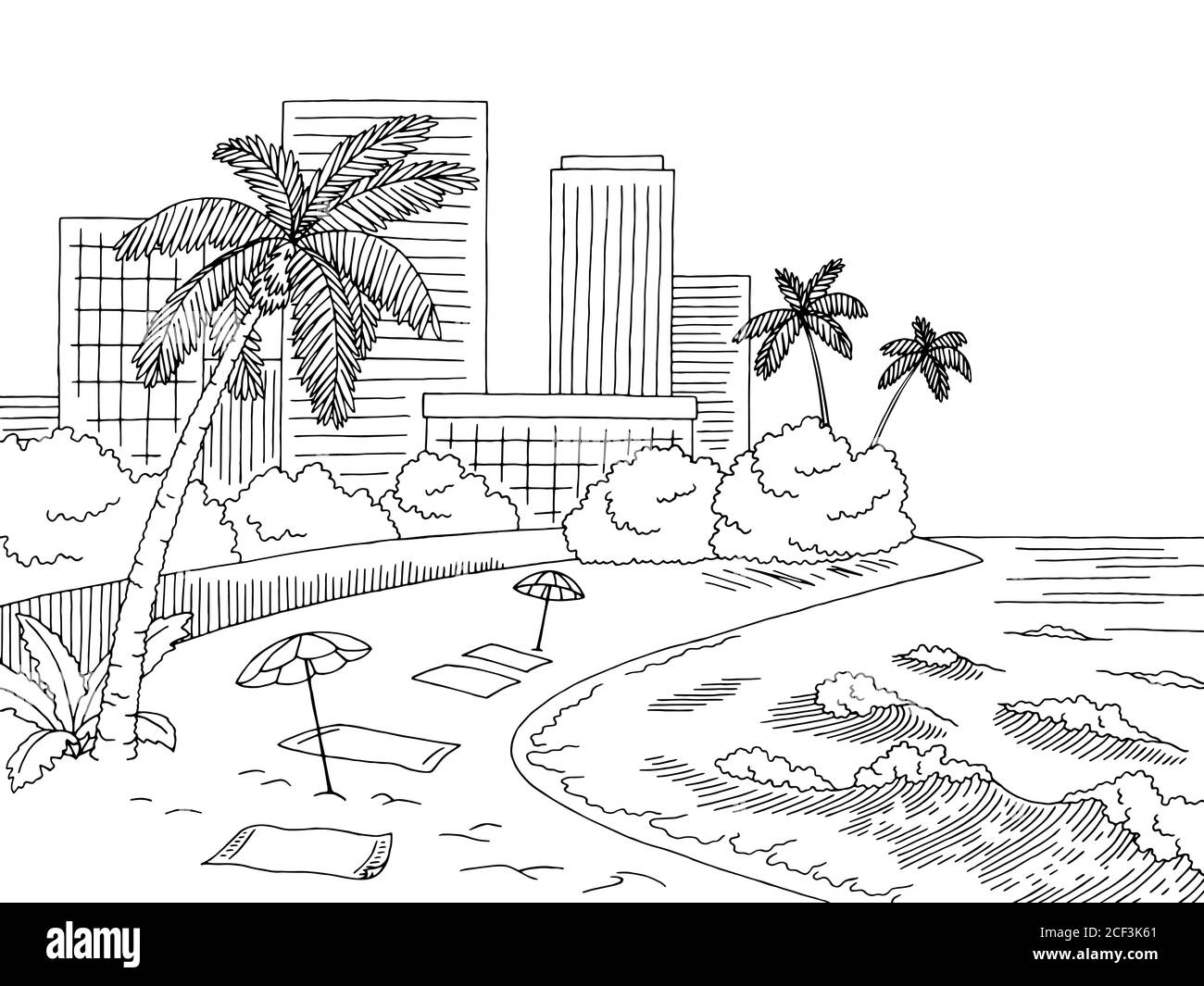 Città spiaggia grafica nero bianco città disegno paesaggio illustrazione vettore Illustrazione Vettoriale