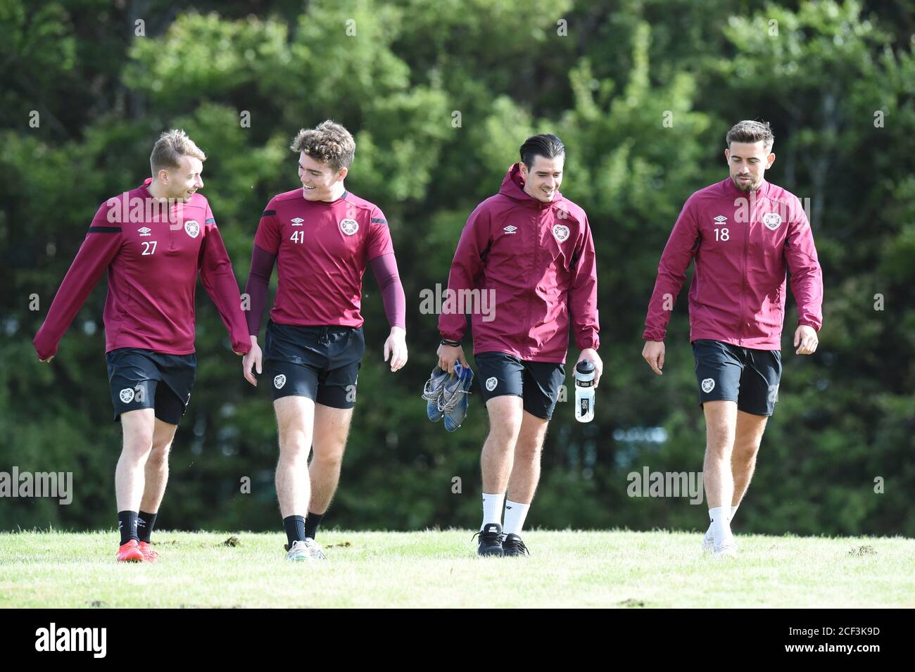 3 settembre 20 Oriam Sports Centre Riccarton, Edimburgo. Scozia Regno Unito in arrivo per la formazione L/r Hearts Lewis Moore, Euan Henderson, Jamie Walker & Olly Lee . Credit: eric mcowat/Alamy Live News Foto Stock